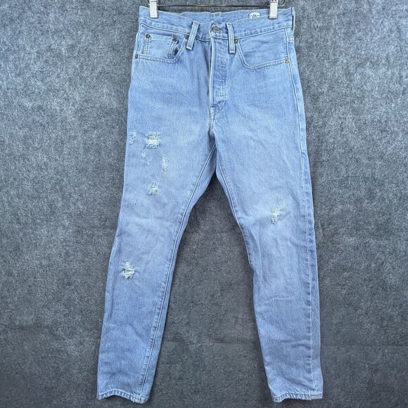 Levi's 501 Jeans Womens Small Selvedge White Oak Cone Denim Button Fly Ripped - Picture 1 of 11